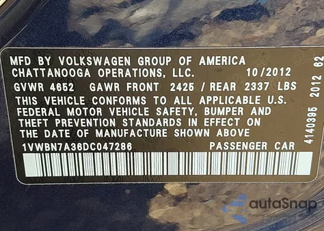 2013 Volkswagen Passat 2.0L Tdi Se z USA, uszkodzony, nr VIN 1VWBN7A36DC047286
